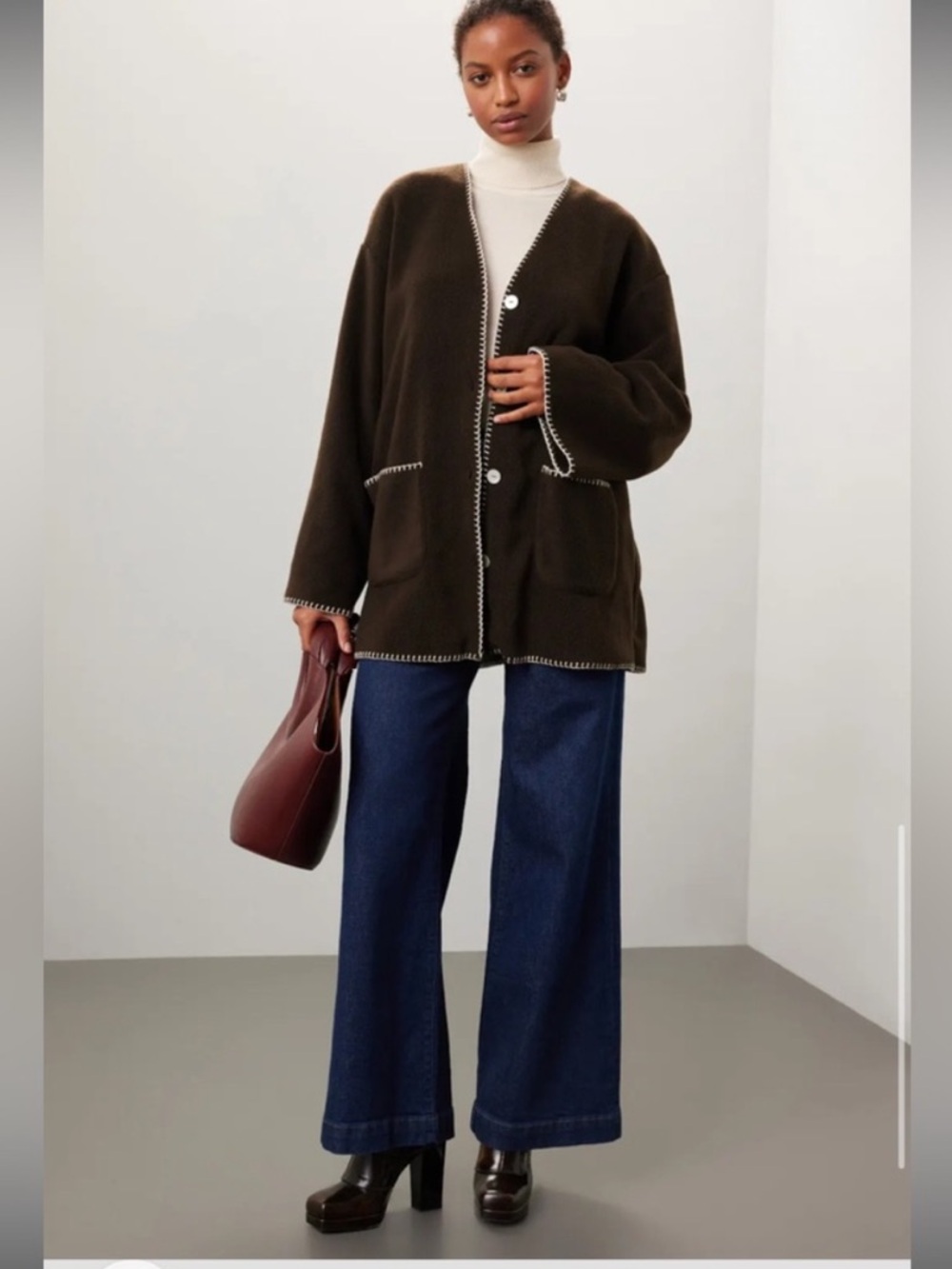 Donni Polar Fleece Brown Button-Front Contrast Stitch Cardigan XS - Picture 6 of 8